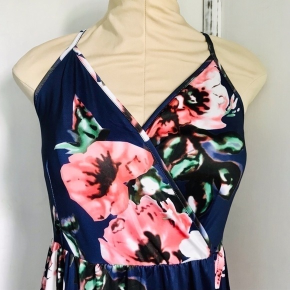 Boho Navy Blue Floral Maxi Dress Surplice Chest Faux Wrap Spaghetti Strap NWT S - Picture 4 of 12